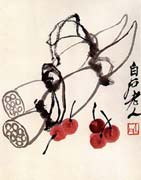 painting of lotus stem and cherries